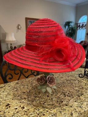 Red Wide-Brim Straw Hat with Tulle Rosettes